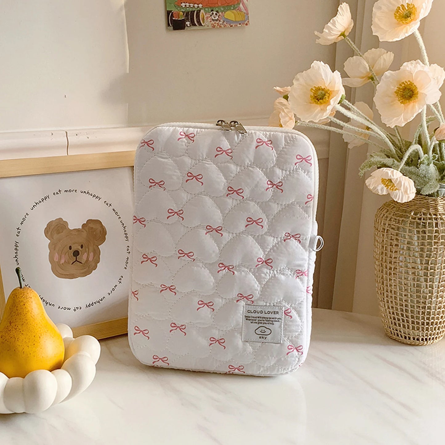 Bowknot Soft Pad Tablet Bag Embroidery Fluffy Padded Bag Shockproof Cute Quilted Laptop Sleeve Commute Work Study Bag