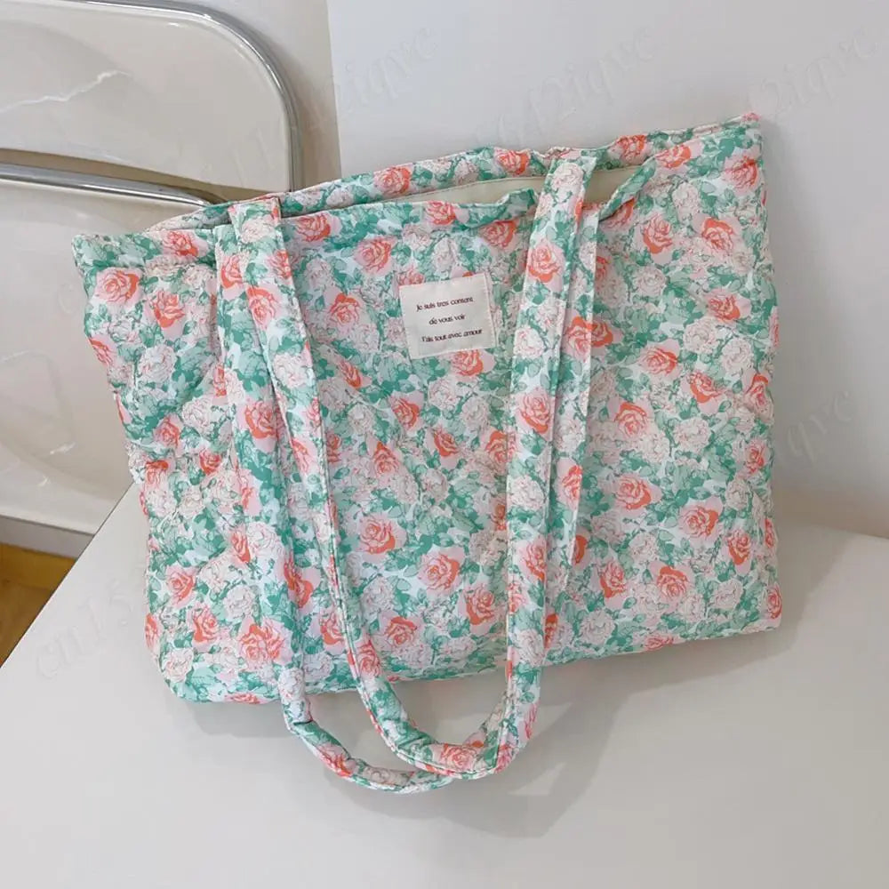 Women Quilted Diamond Lattice Handbag Floral Shoulder Bag Large Capacity Carrying Bag Stylish Commuting Bag Puffy Tote Handbag