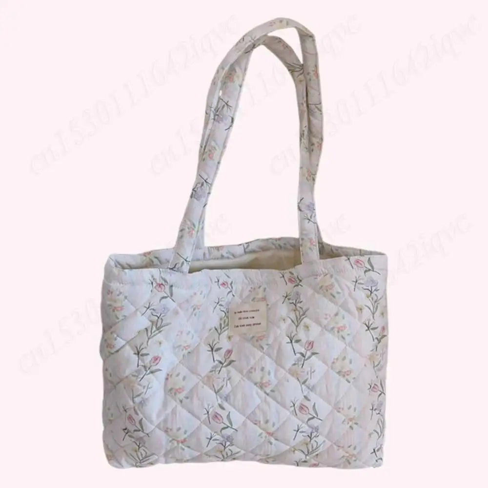 Women Quilted Diamond Lattice Handbag Floral Shoulder Bag Large Capacity Carrying Bag Stylish Commuting Bag Puffy Tote Handbag