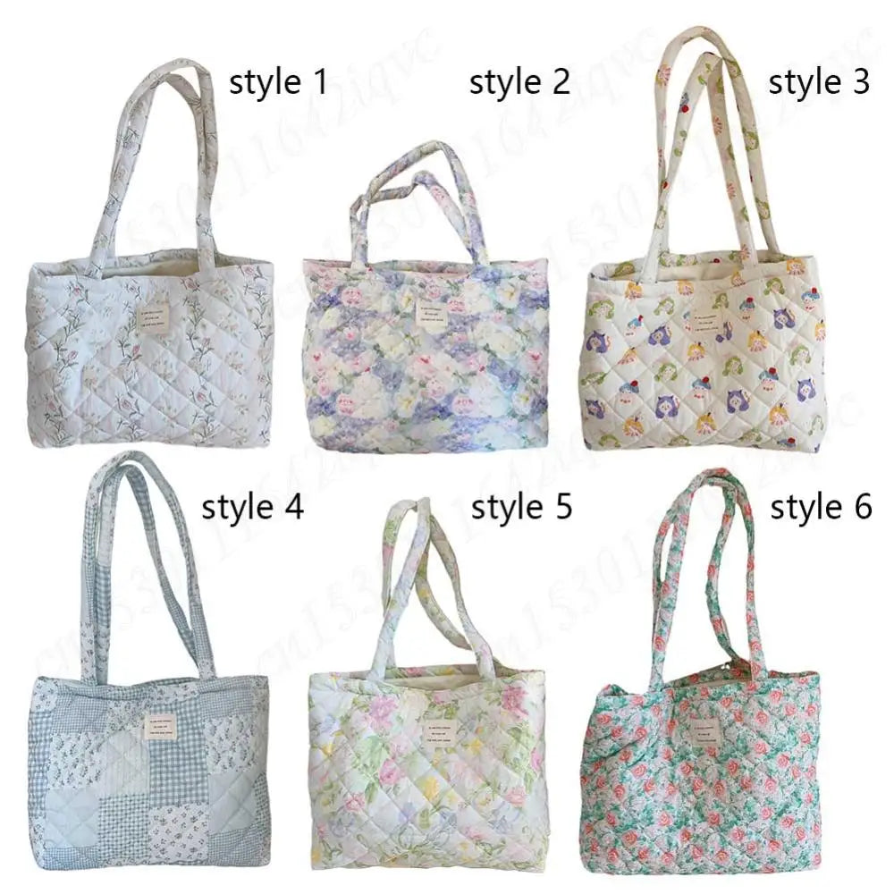 Women Quilted Diamond Lattice Handbag Floral Shoulder Bag Large Capacity Carrying Bag Stylish Commuting Bag Puffy Tote Handbag