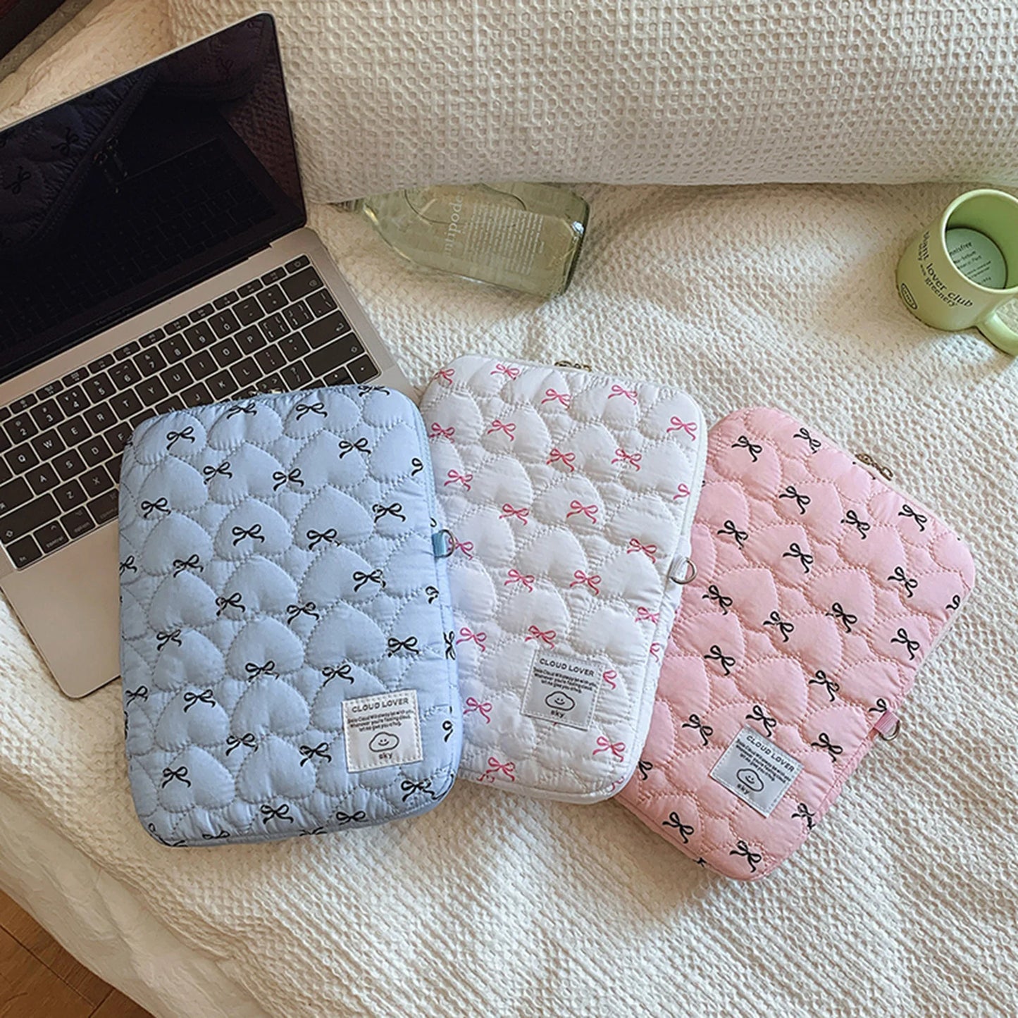 Bowknot Soft Pad Tablet Bag Embroidery Fluffy Padded Bag Shockproof Cute Quilted Laptop Sleeve Commute Work Study Bag