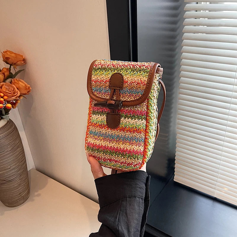 Straw Woven Small Crossbody Bag for Women Fashion Knitted Patchwork Phone Purse Summer Hand-Woven Chic Hobo Bag Ladies Sling Bag