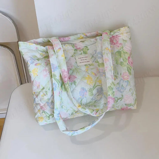 Women Quilted Diamond Lattice Handbag Floral Shoulder Bag Large Capacity Carrying Bag Stylish Commuting Bag Puffy Tote Handbag