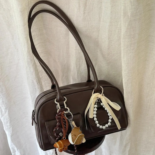 Large Capacity Brown Bowling Handbag Women's Shoulder Bag Retro Korean INS Style Autumn Winter New 2025 Fashion Trend Bag