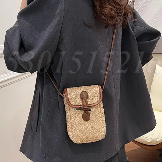 Straw Woven Small Crossbody Bag for Women Fashion Knitted Patchwork Phone Purse Summer Hand-Woven Chic Hobo Bag Ladies Sling Bag