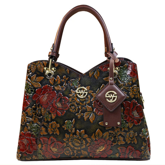 Women Flower Leather Middle-aged Mother Bag Zipper Closure Carved Retro Handbag Large Capacity Top-handle Handbags Satchel Bag